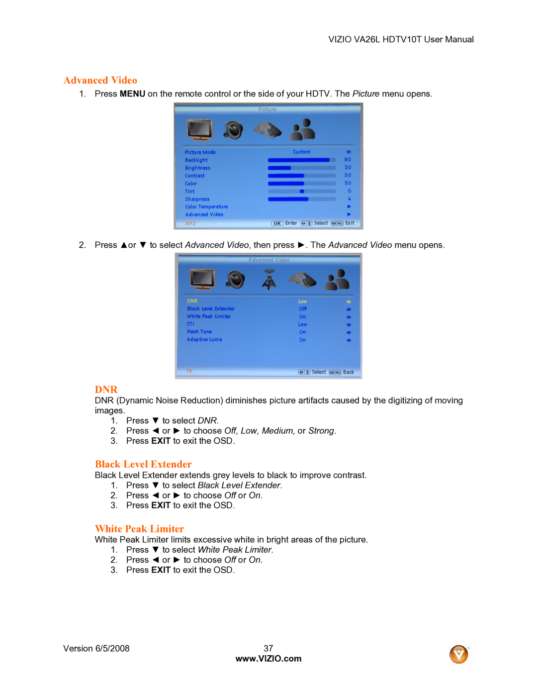 Vizio VA26L user manual Advanced Video, Black Level Extender, White Peak Limiter 