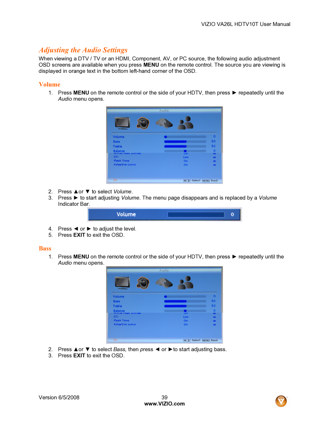 Vizio VA26L user manual Adjusting the Audio Settings, Volume, Bass 