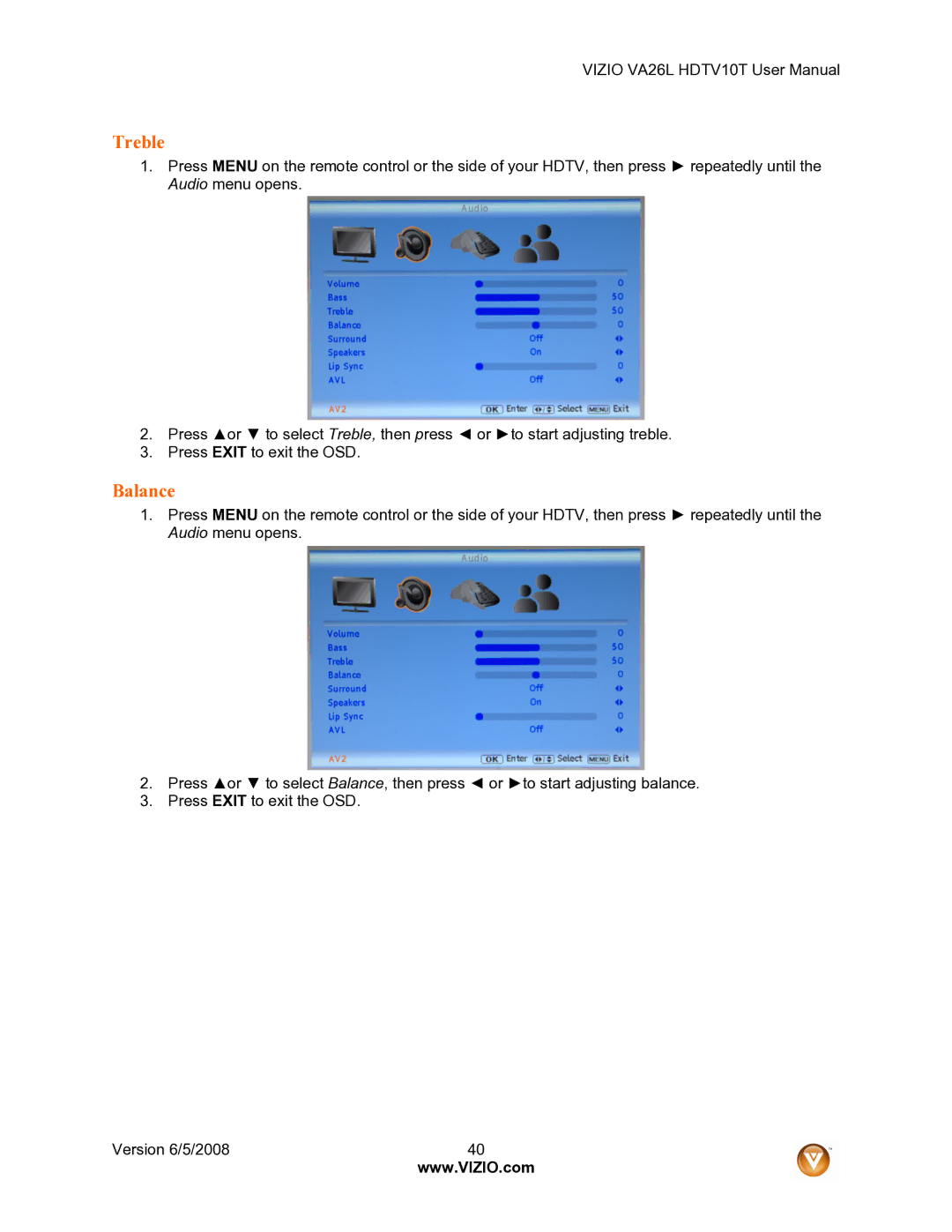 Vizio VA26L user manual Treble, Balance 