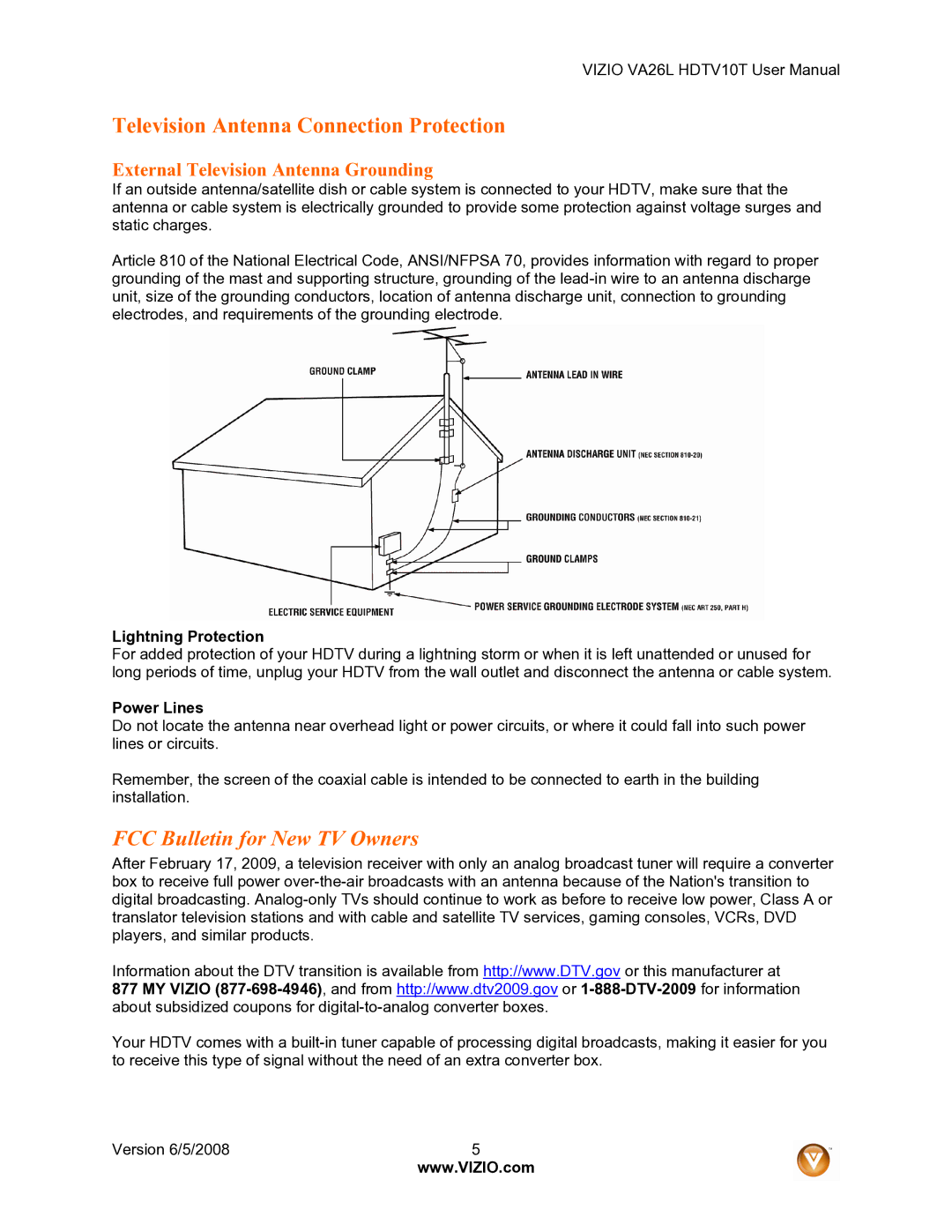 Vizio VA26L FCC Bulletin for New TV Owners, External Television Antenna Grounding, Lightning Protection, Power Lines 