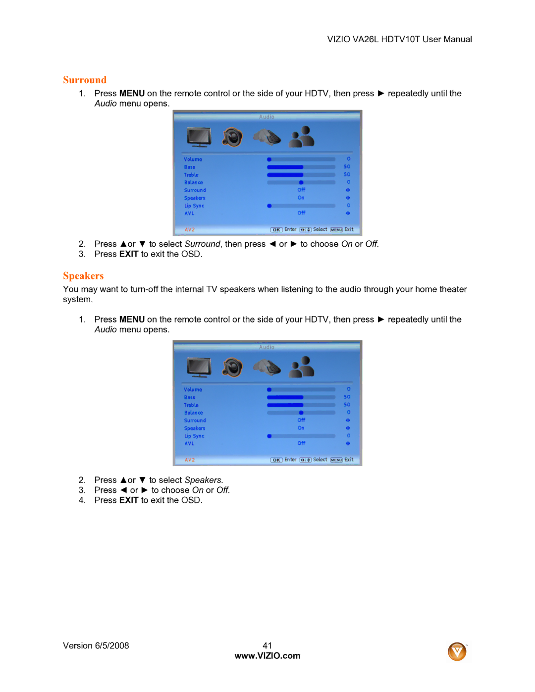 Vizio VA26L user manual Surround, Speakers 