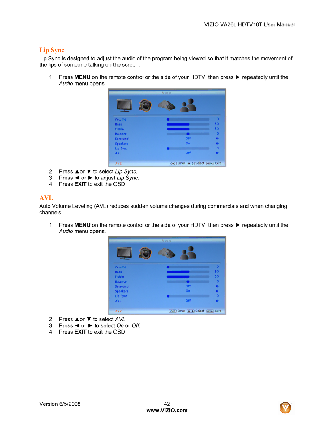 Vizio VA26L user manual Lip Sync, Avl 