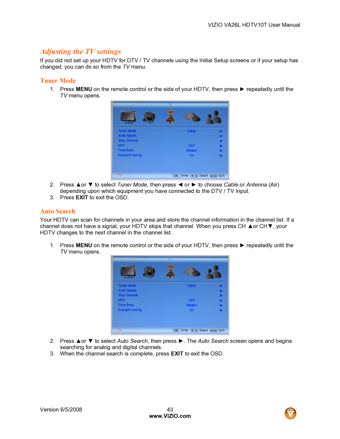 Vizio VA26L user manual Adjusting the TV settings, Tuner Mode, Auto Search 