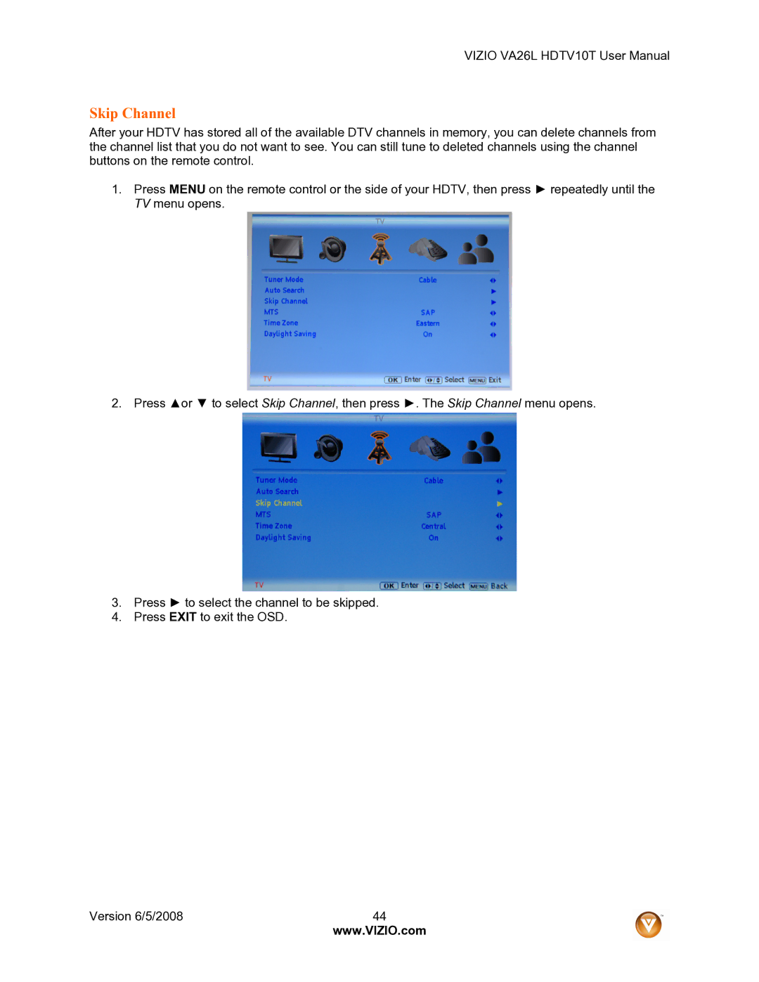 Vizio VA26L user manual Skip Channel 