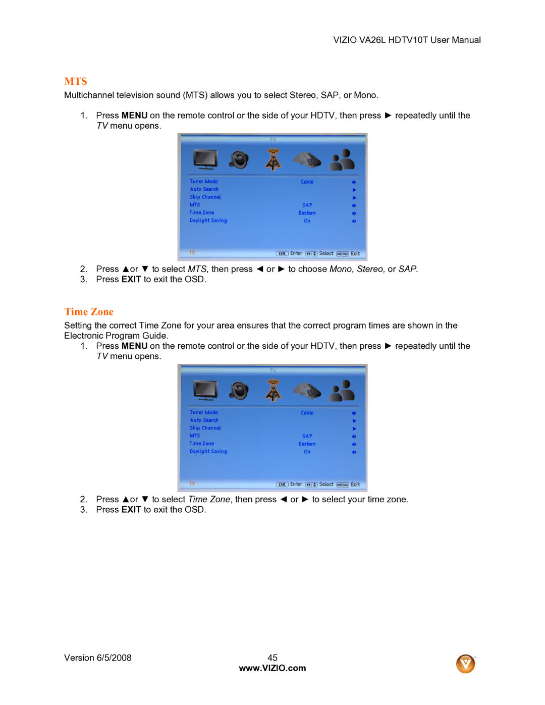 Vizio VA26L user manual Mts, Time Zone 