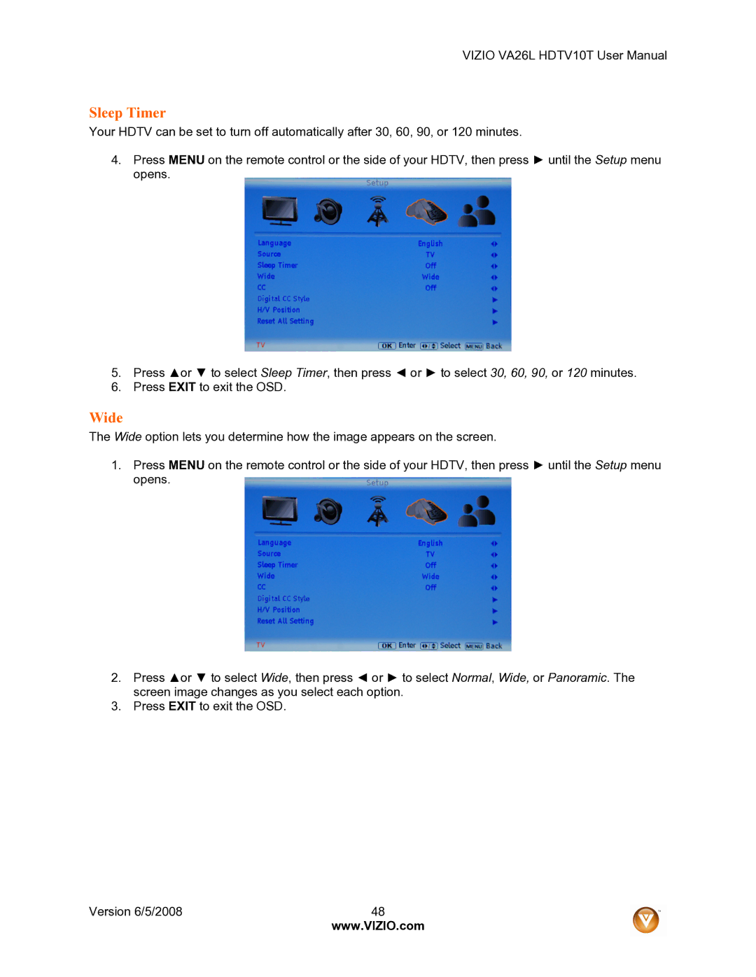 Vizio VA26L user manual Sleep Timer, Wide 