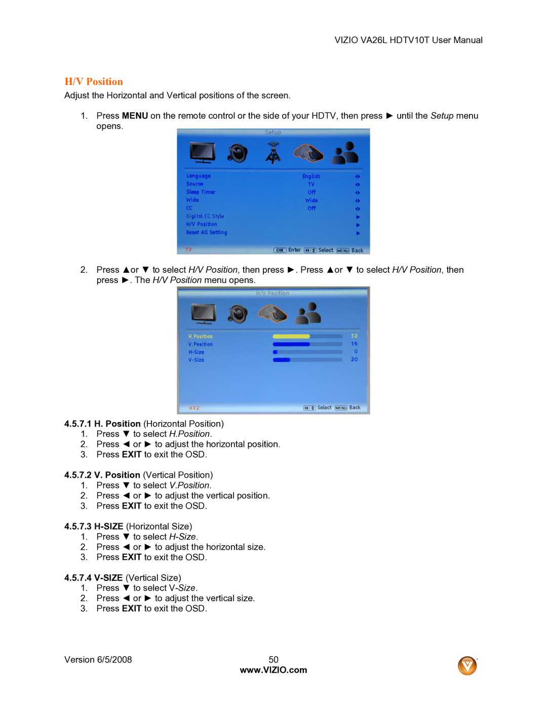 Vizio VA26L user manual Position 