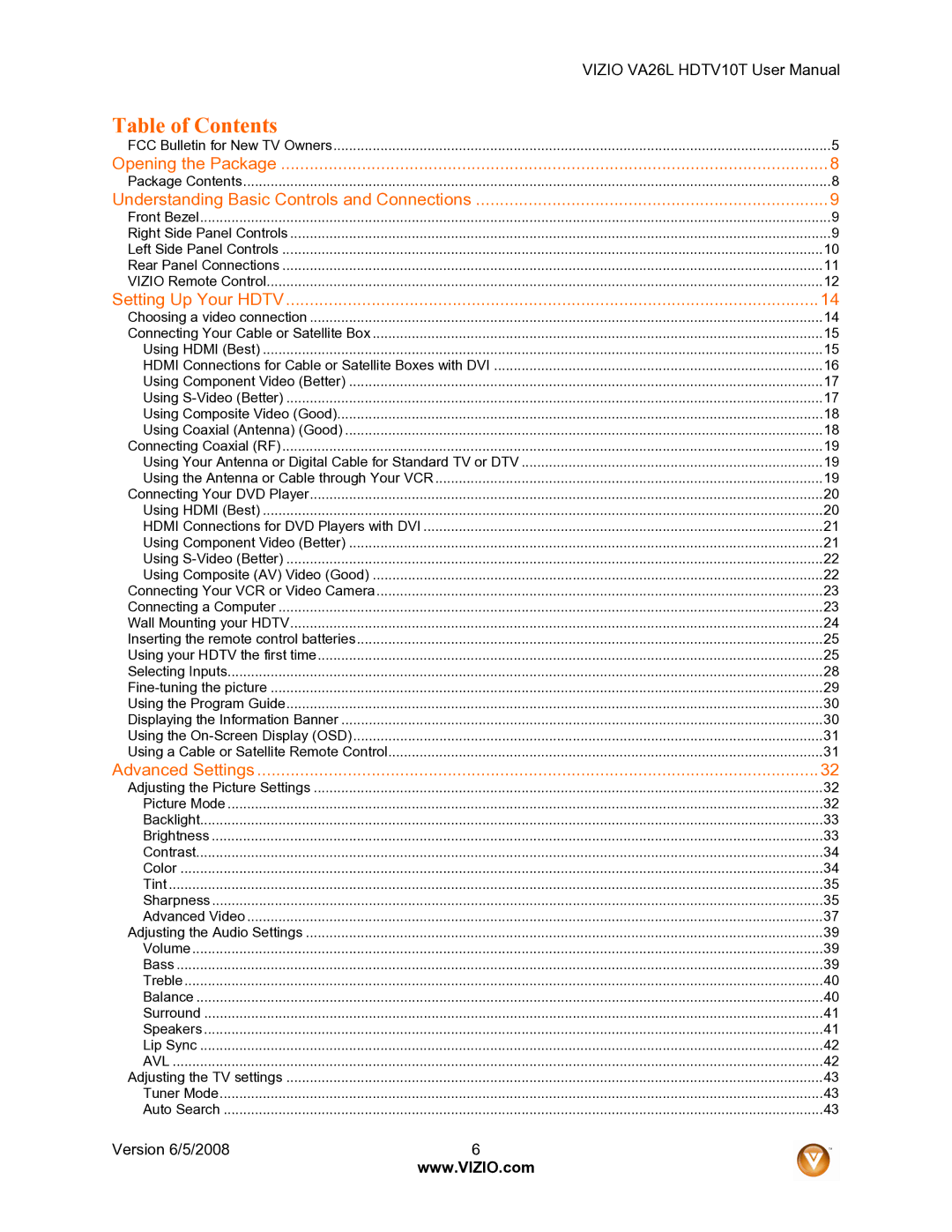 Vizio VA26L user manual Table of Contents 