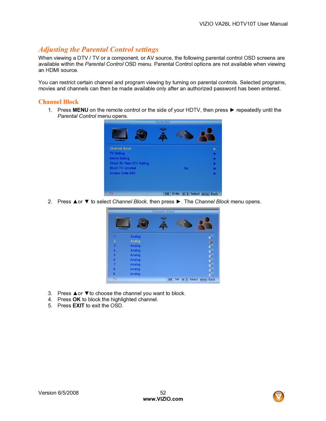 Vizio VA26L user manual Adjusting the Parental Control settings, Channel Block 