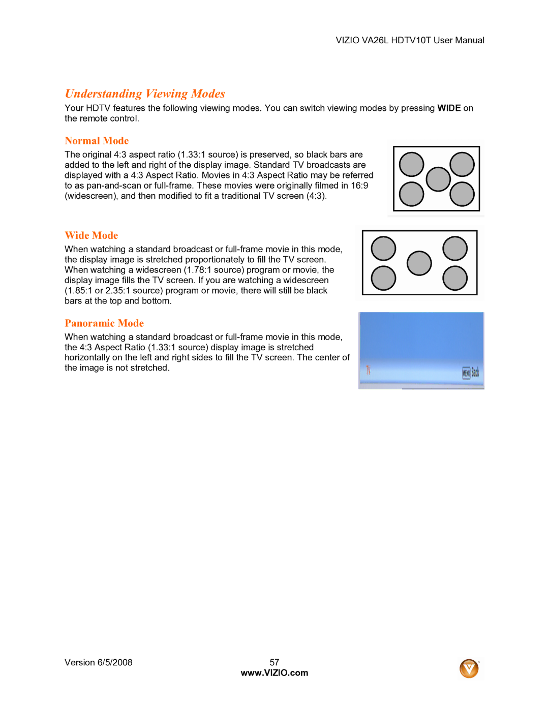 Vizio VA26L user manual Understanding Viewing Modes, Normal Mode, Wide Mode, Panoramic Mode 