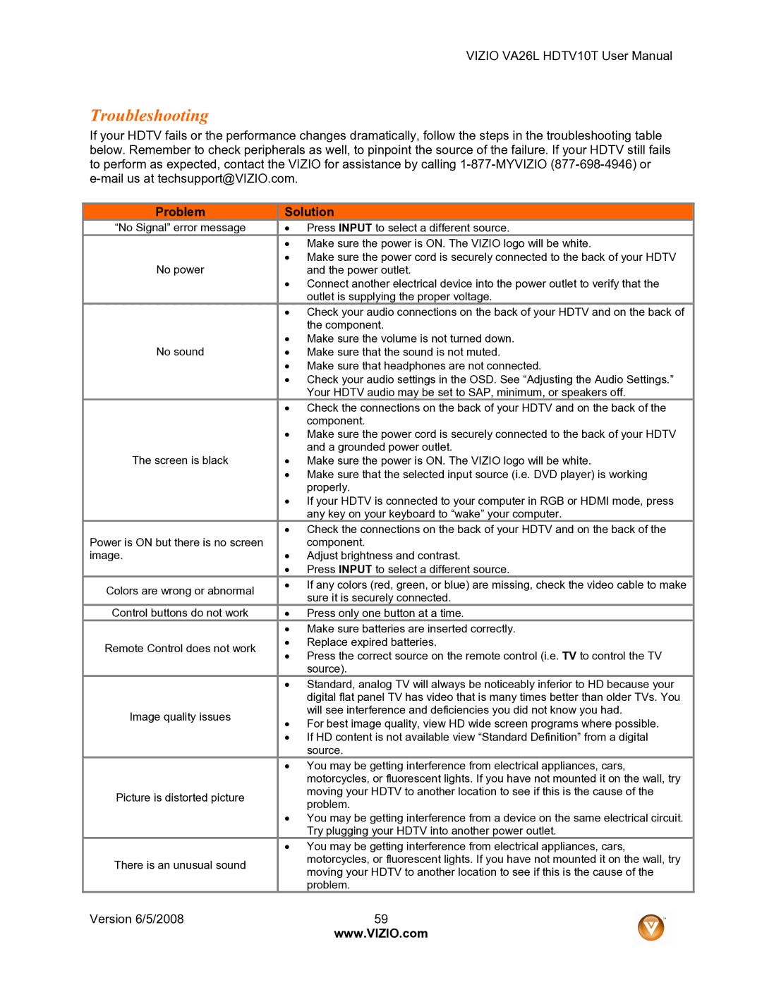 Vizio VA26L user manual Troubleshooting, Problem, Solution 