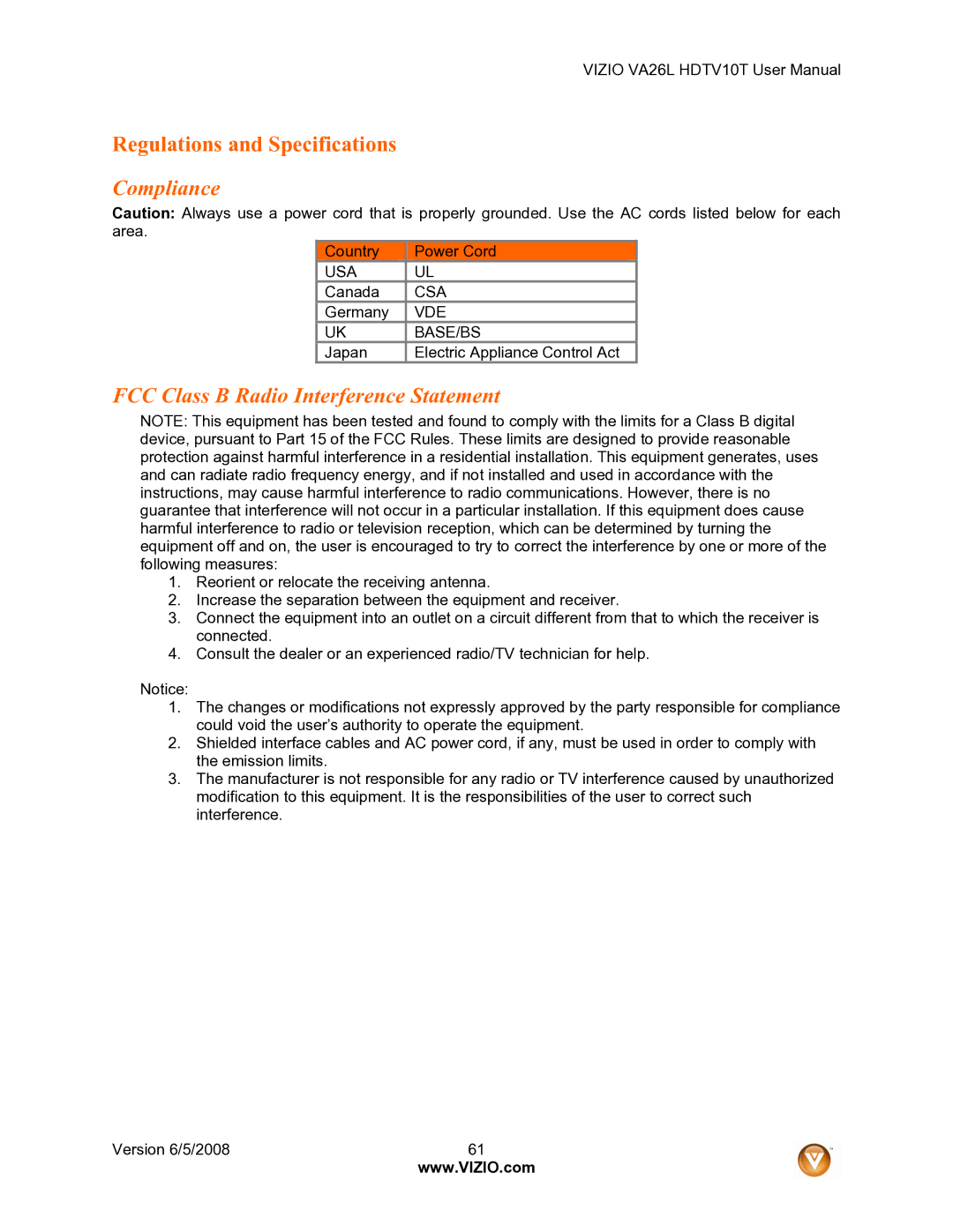 Vizio VA26L user manual Compliance, FCC Class B Radio Interference Statement 