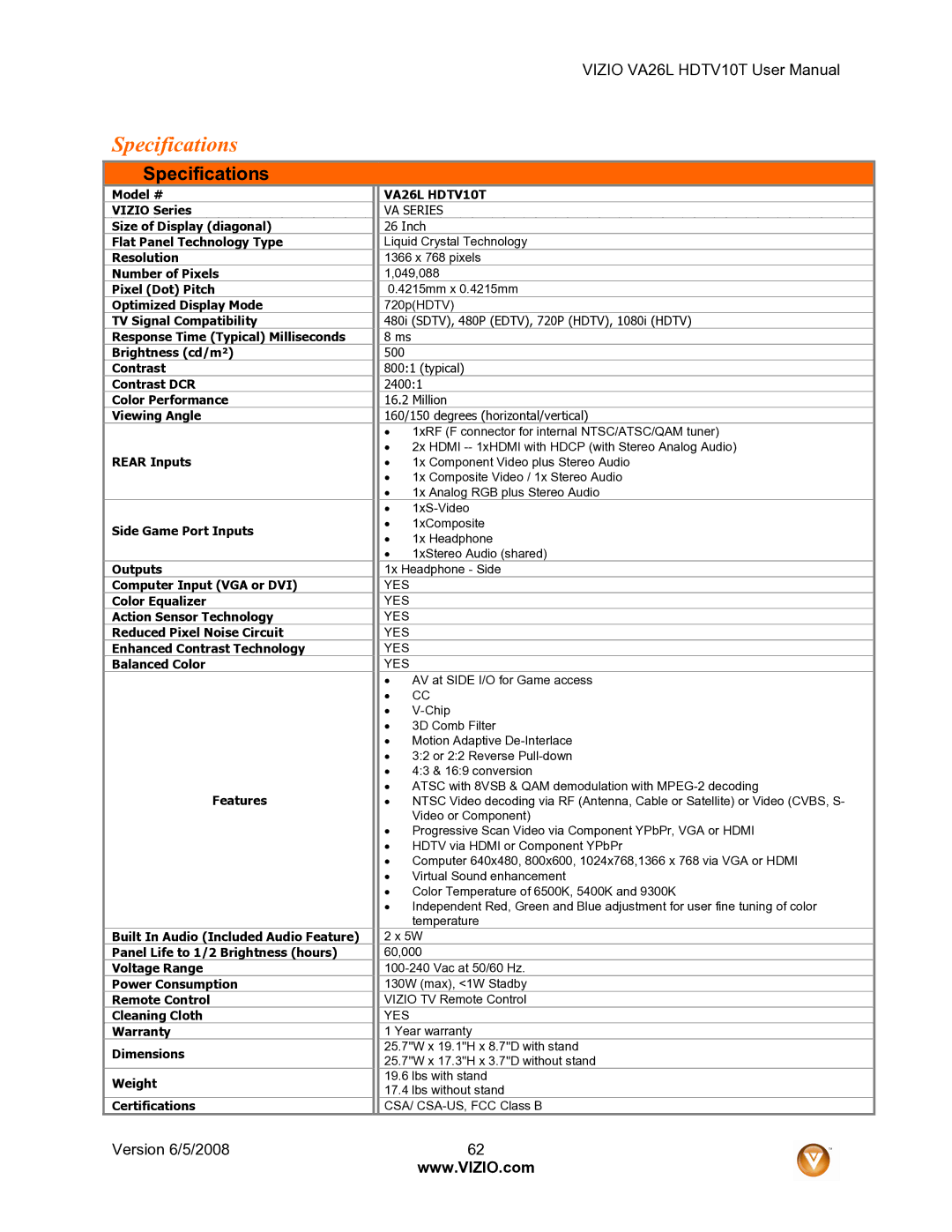 Vizio VA26L user manual Specifications 