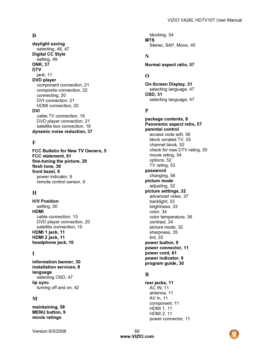 Vizio VA26L Daylight saving, Digital CC Style, DNR Normal aspect ratio, DVD player On-Screen Display, Osd, FCC statement 