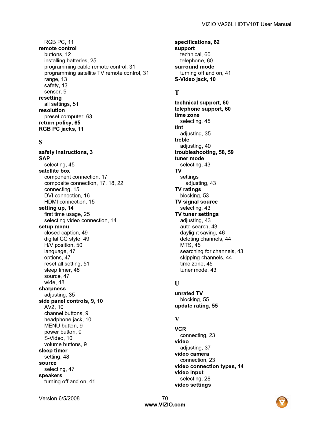 Vizio VA26L Remote control, Resetting, Specifications, 62 support, Safety instructions Troubleshooting, 58, Tuner mode 