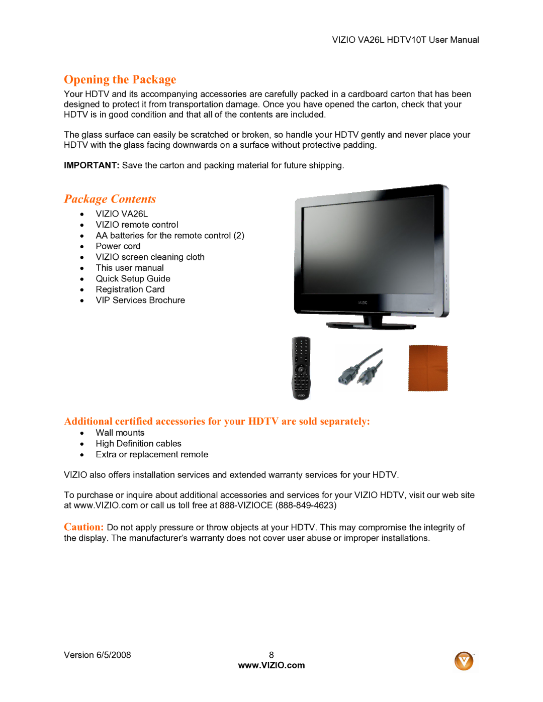 Vizio VA26L user manual Package Contents 