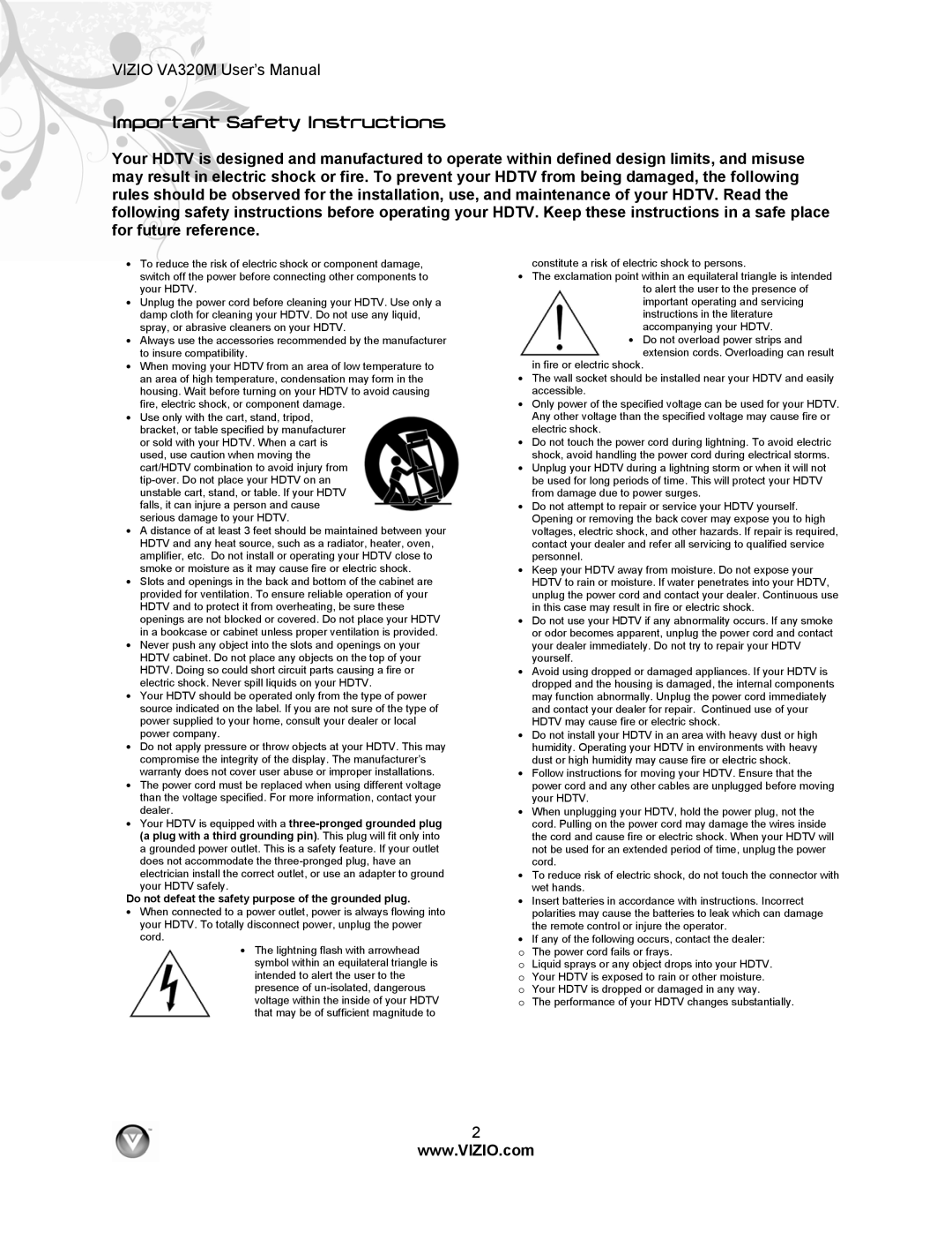 Vizio VA320M manual Important Safety Instructions, Do not defeat the safety purpose of the grounded plug 