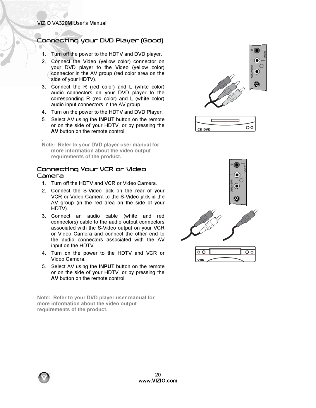 Vizio VA320M manual Connecting your DVD Player Good, Connecting Your VCR or Video Camera 