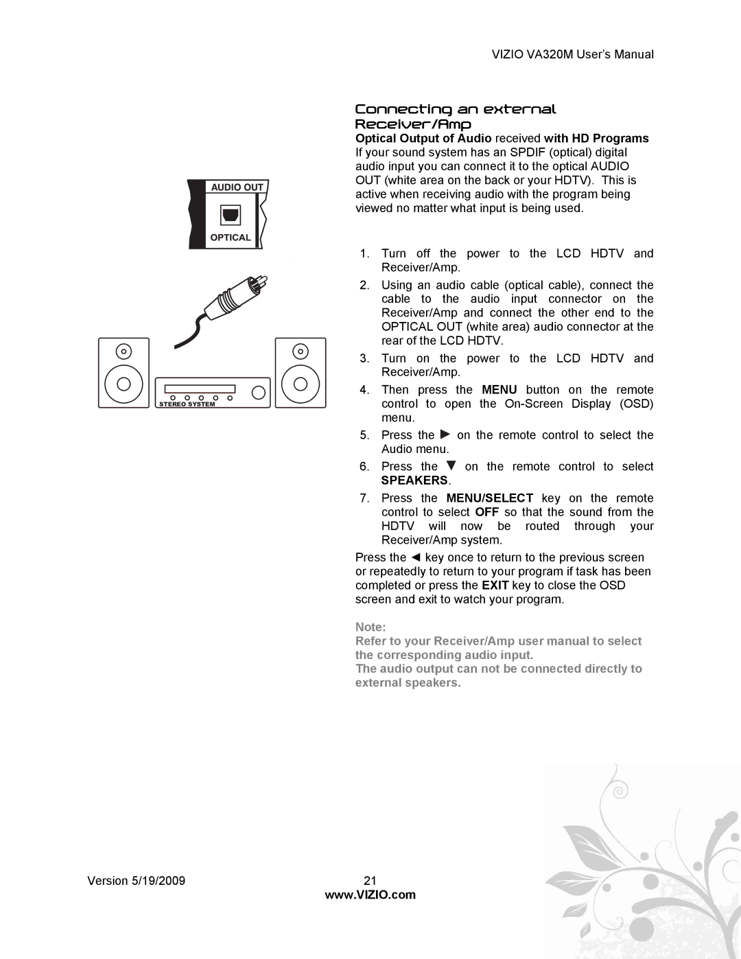 Vizio VA320M manual Connecting an external Receiver/Amp, Speakers 