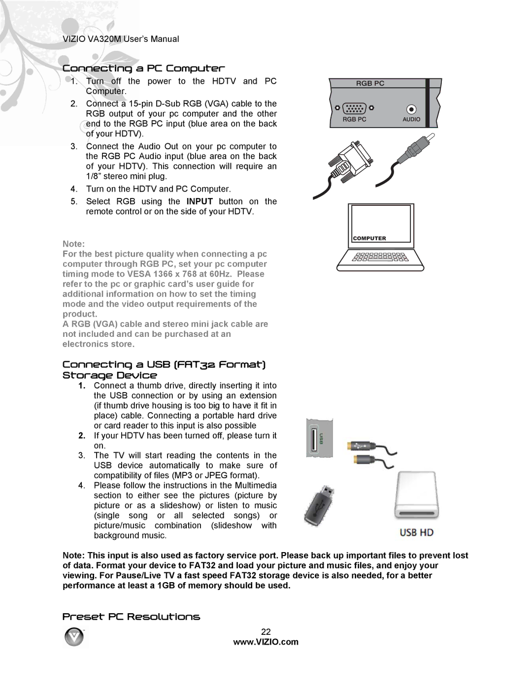 Vizio VA320M manual Connecting a PC Computer, Connecting a USB FAT32 Format Storage Device, Preset PC Resolutions 