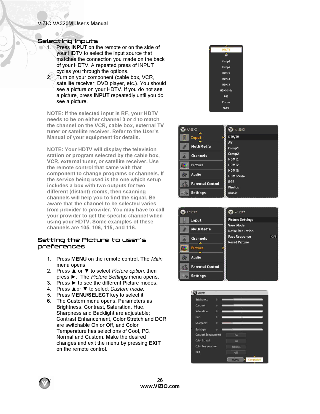 Vizio VA320M manual Selecting Inputs, Setting the Picture to user’s preferences 
