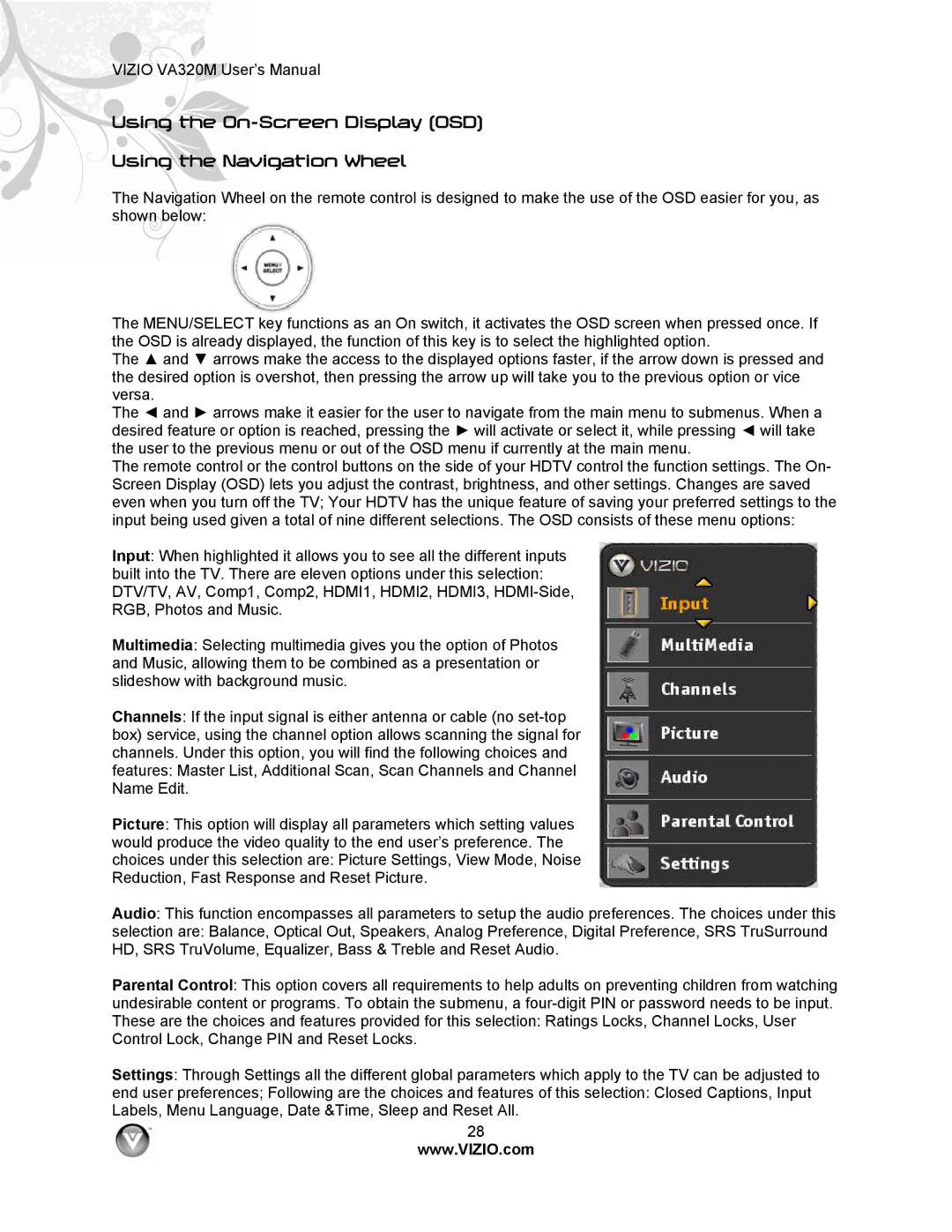 Vizio VA320M manual Using the On-Screen Display OSD Using the Navigation Wheel 