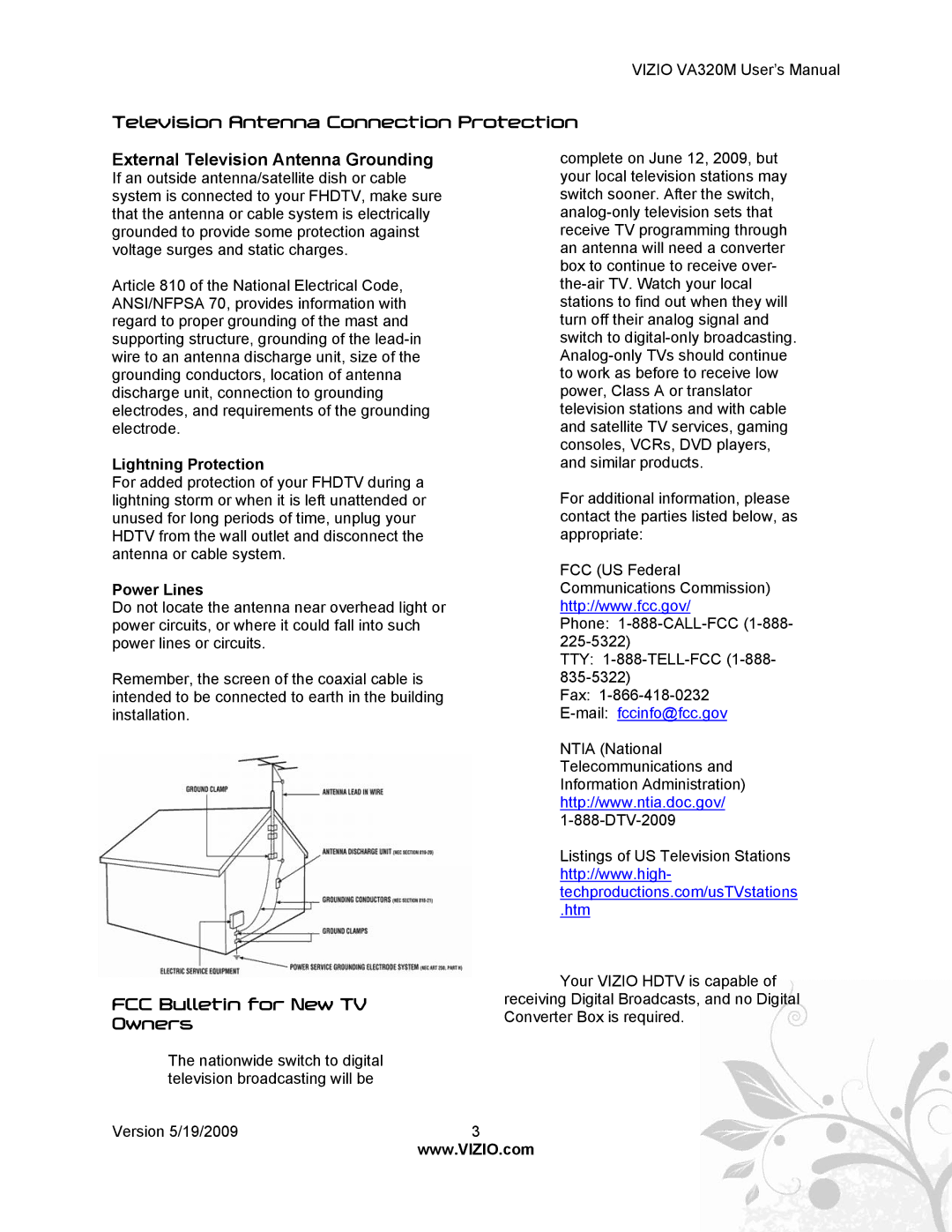 Vizio VA320M manual FCC Bulletin for New TV Owners, Lightning Protection, Power Lines 