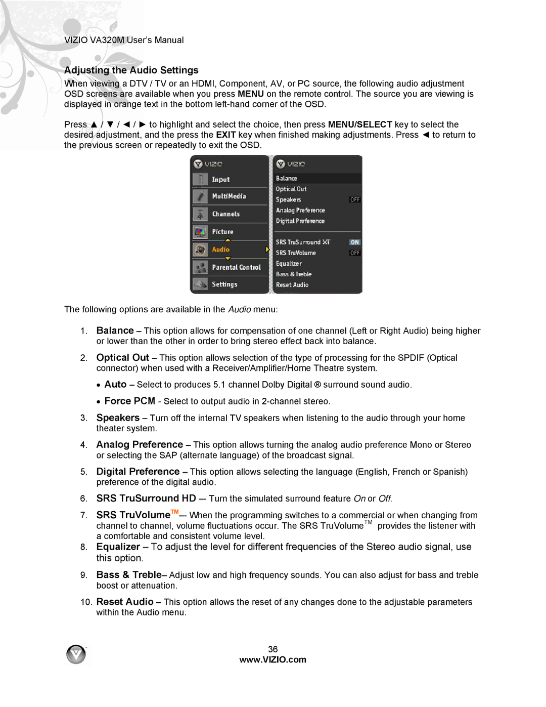 Vizio VA320M manual Adjusting the Audio Settings 