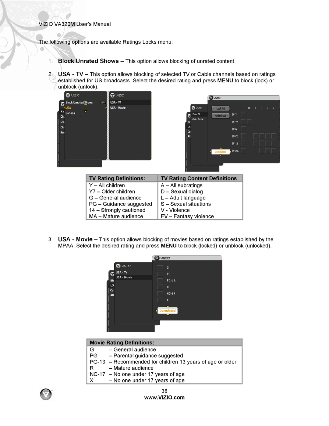 Vizio VA320M manual TV Rating Definitions TV Rating Content Definitions, Movie Rating Definitions 