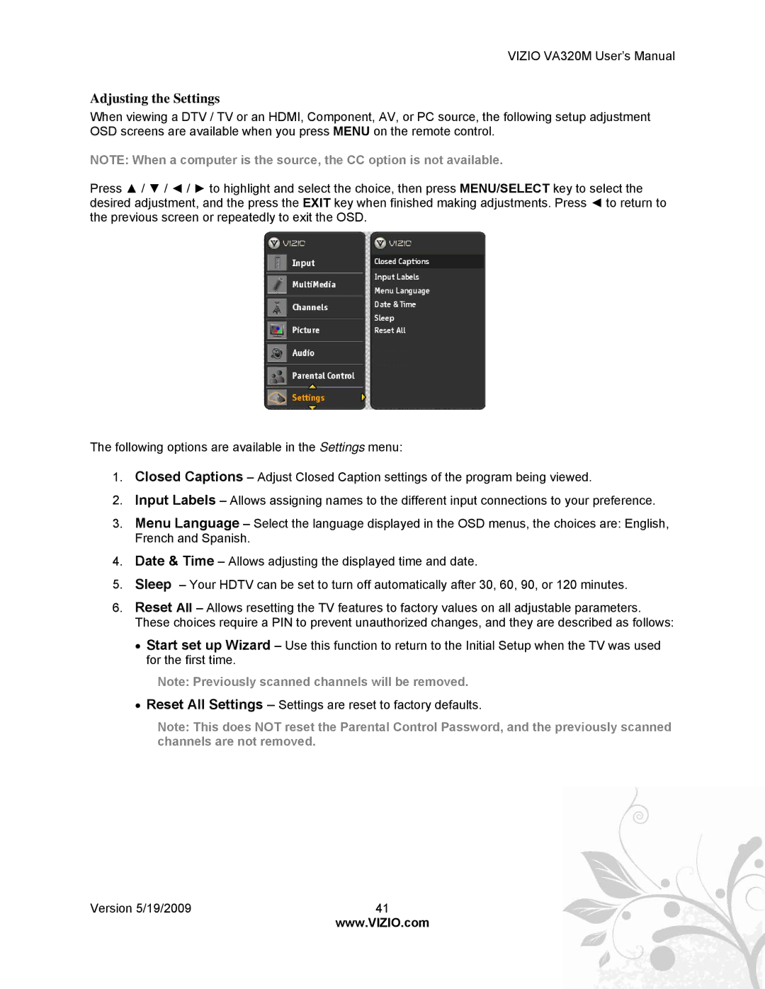 Vizio VA320M manual Adjusting the Settings 