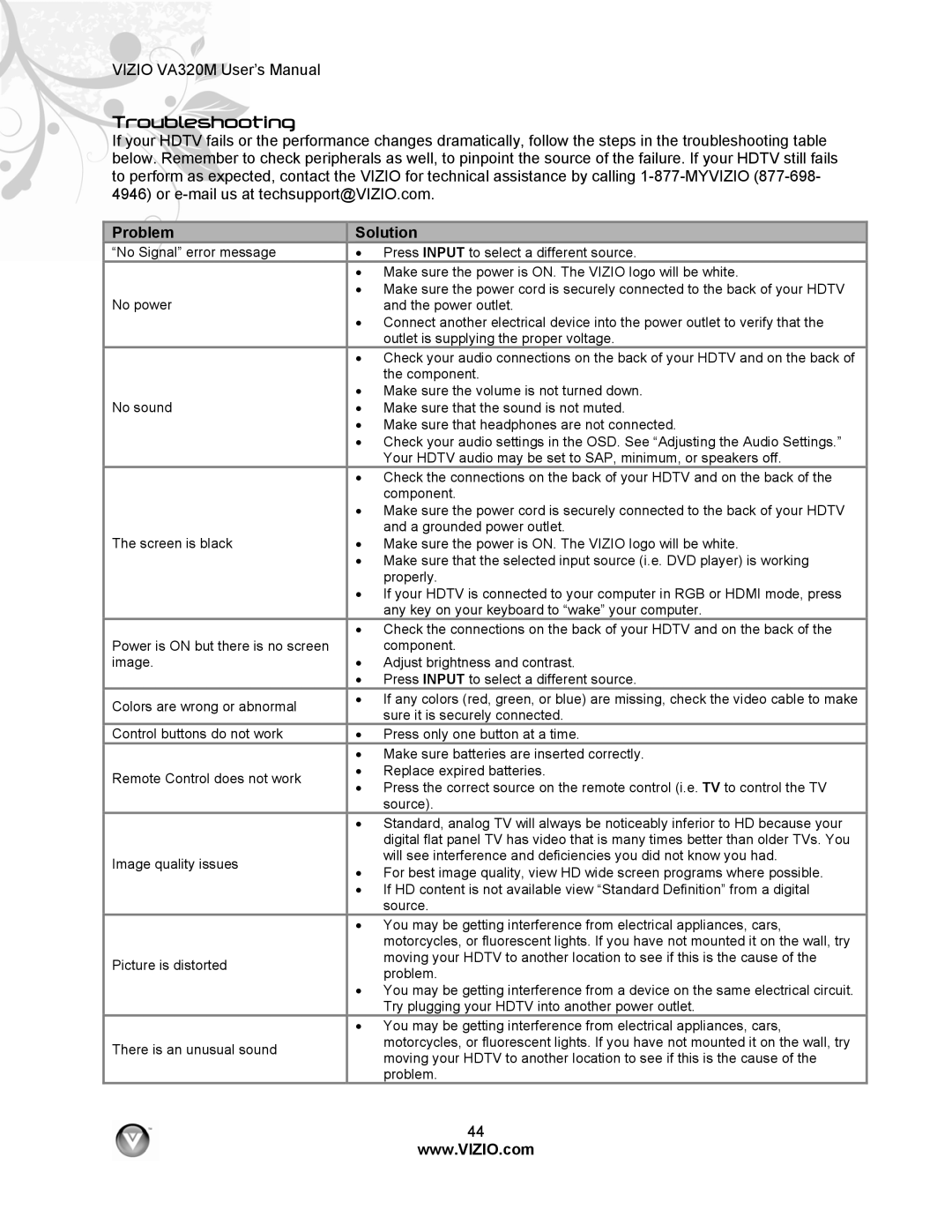 Vizio VA320M manual Troubleshooting, Problem, Solution 