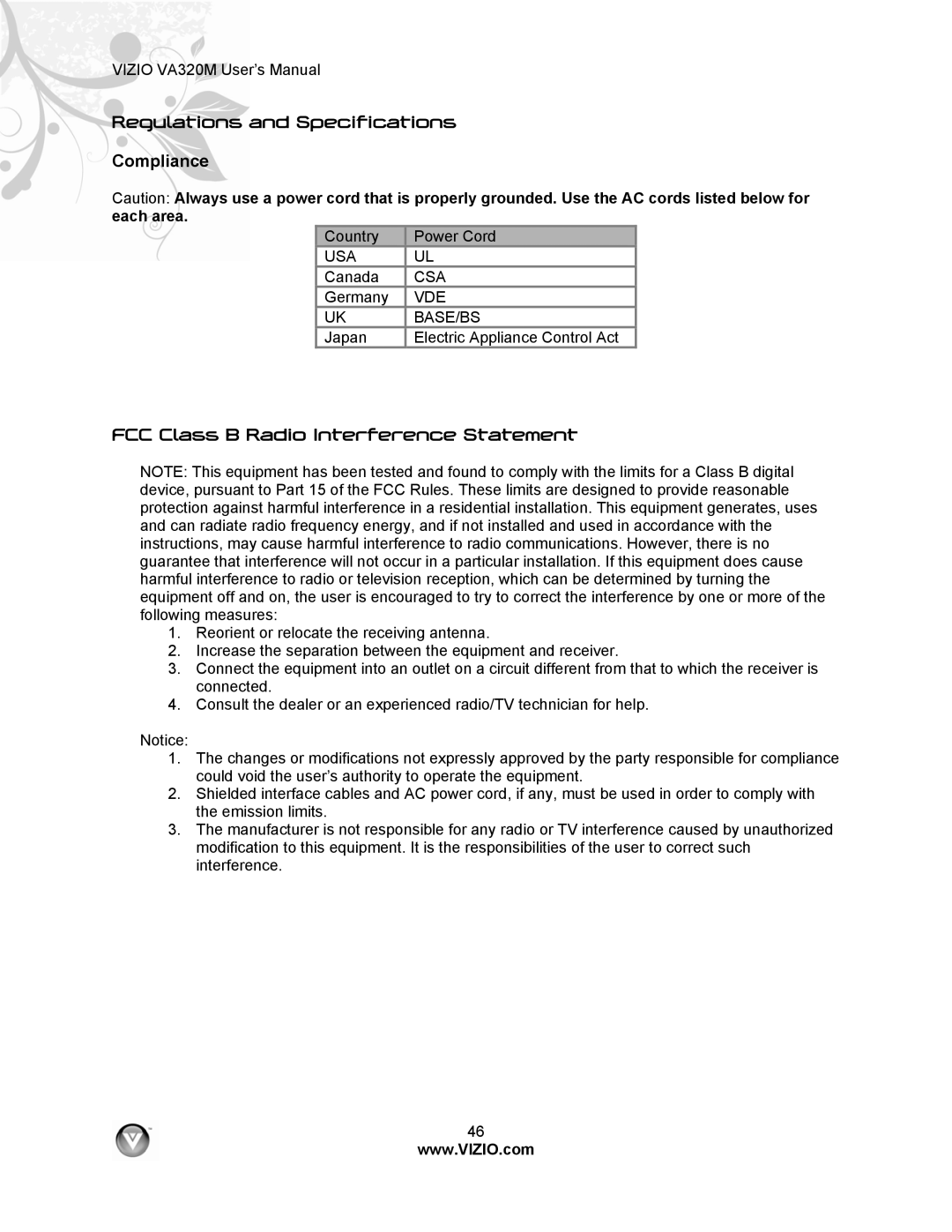 Vizio VA320M manual Regulations and Specifications Compliance, FCC Class B Radio Interference Statement 