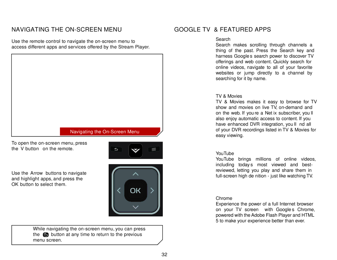 Vizio VAP430, ISGB03 specifications Using the On-Screen Menu, Navigating the ON-SCREEN Menu, Google TV & Featured Apps 