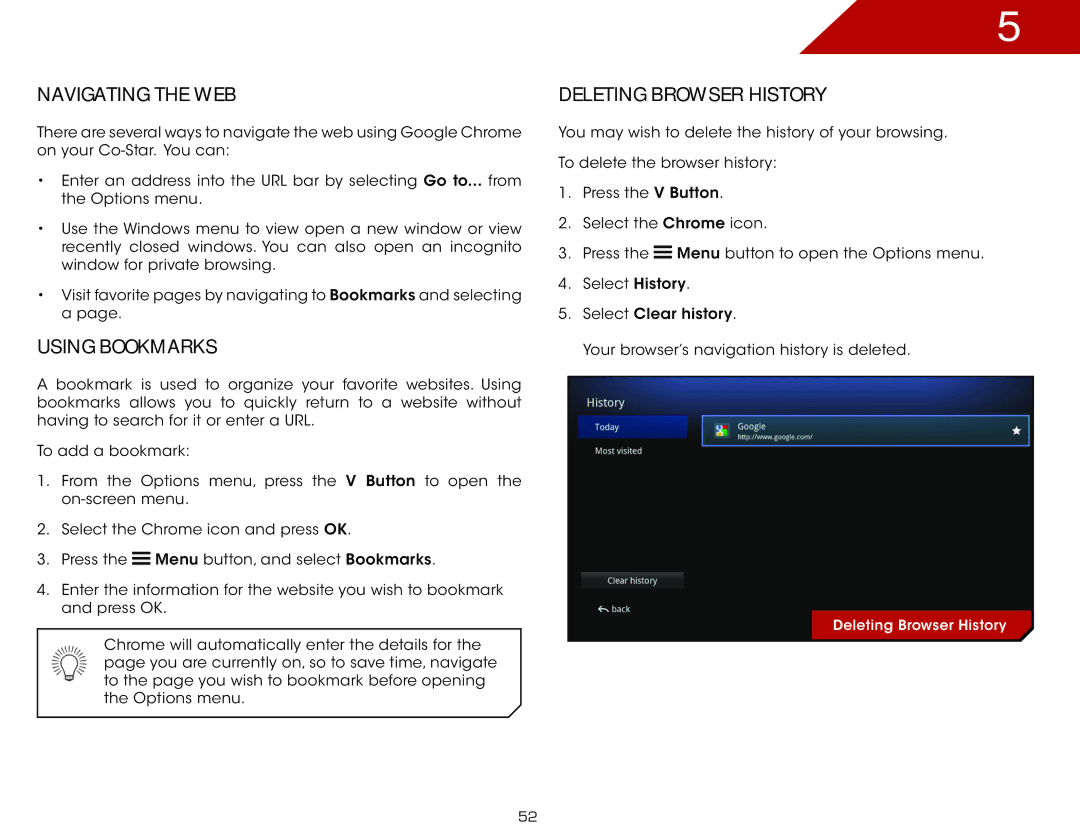 Vizio VAP430, ISGB03 specifications Navigating the WEB, Using Bookmarks, Deleting Browser History 