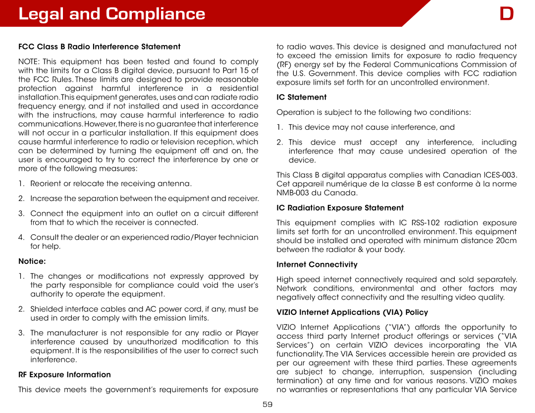 Vizio ISGB03, VAP430 specifications Legal and Compliance 