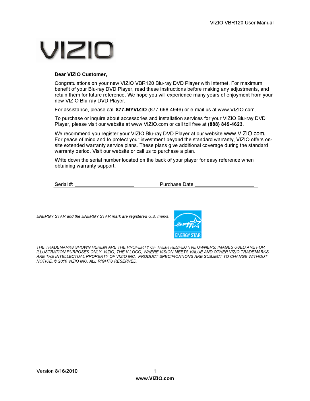 Vizio VBR 120 user manual Dear Vizio Customer 