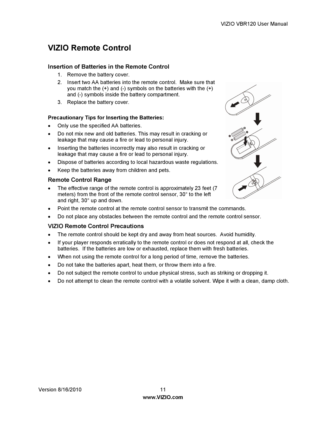 Vizio VBR 120 user manual Vizio Remote Control, Insertion of Batteries in the Remote Control, Remote Control Range 