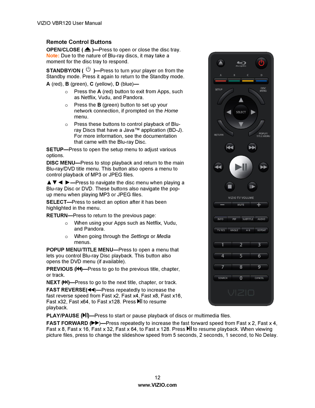 Vizio VBR 120 user manual Remote Control Buttons 