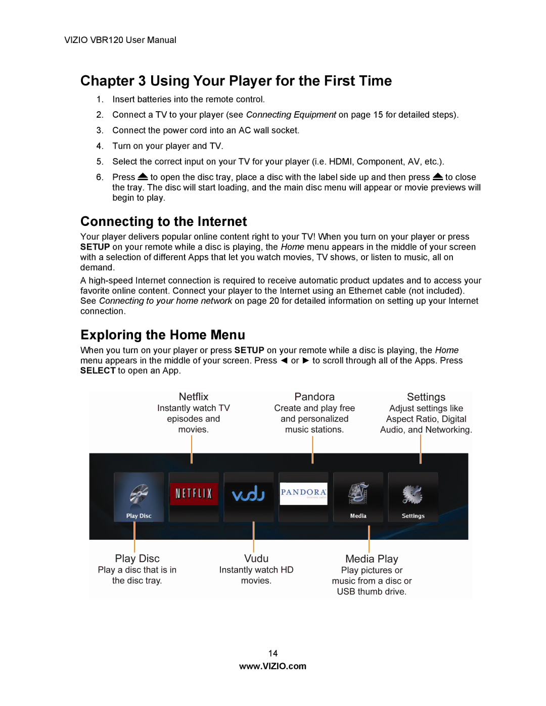 Vizio VBR 120 user manual Using Your Player for the First Time, Connecting to the Internet, Exploring the Home Menu 