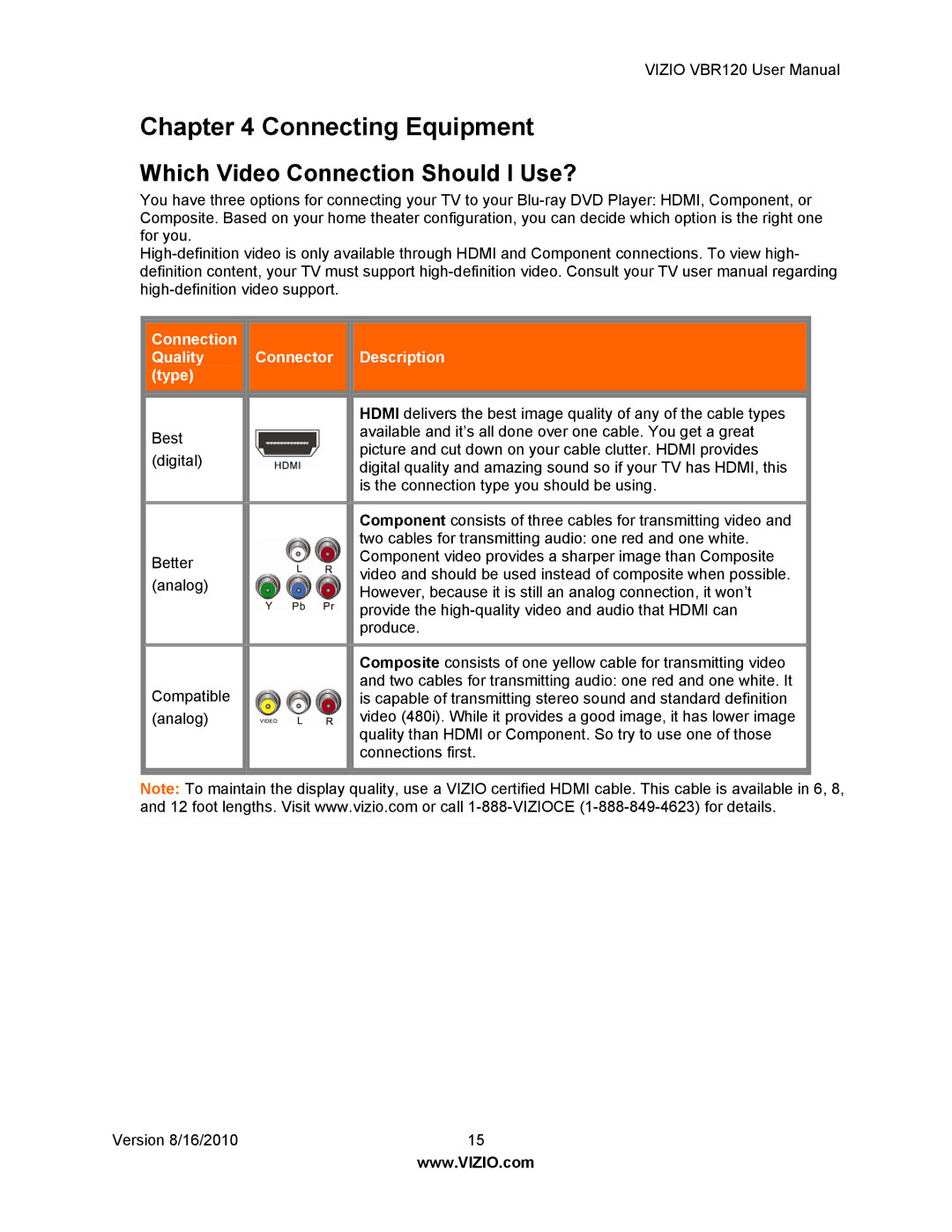 Vizio VBR 120 user manual Connecting Equipment, Which Video Connection Should I Use? 