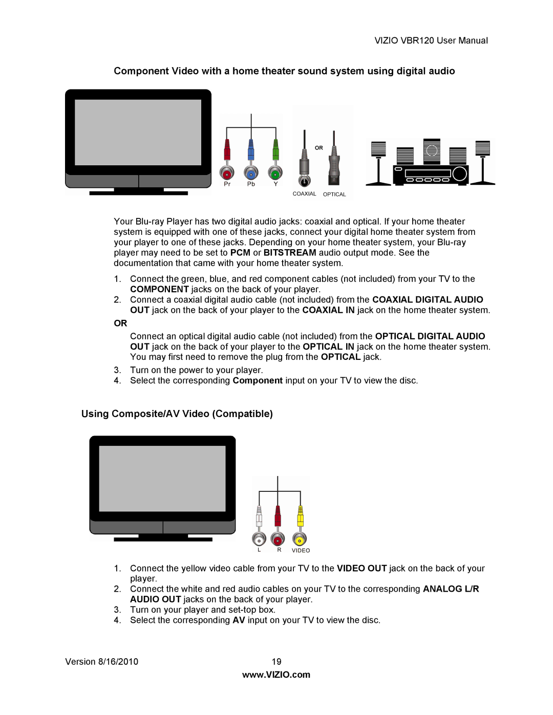 Vizio VBR 120 user manual Using Composite/AV Video Compatible 