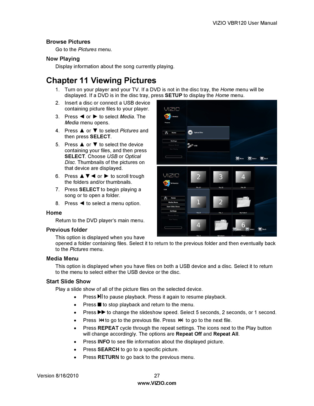 Vizio VBR 120 user manual Viewing Pictures, Browse Pictures, Now Playing, Start Slide Show 