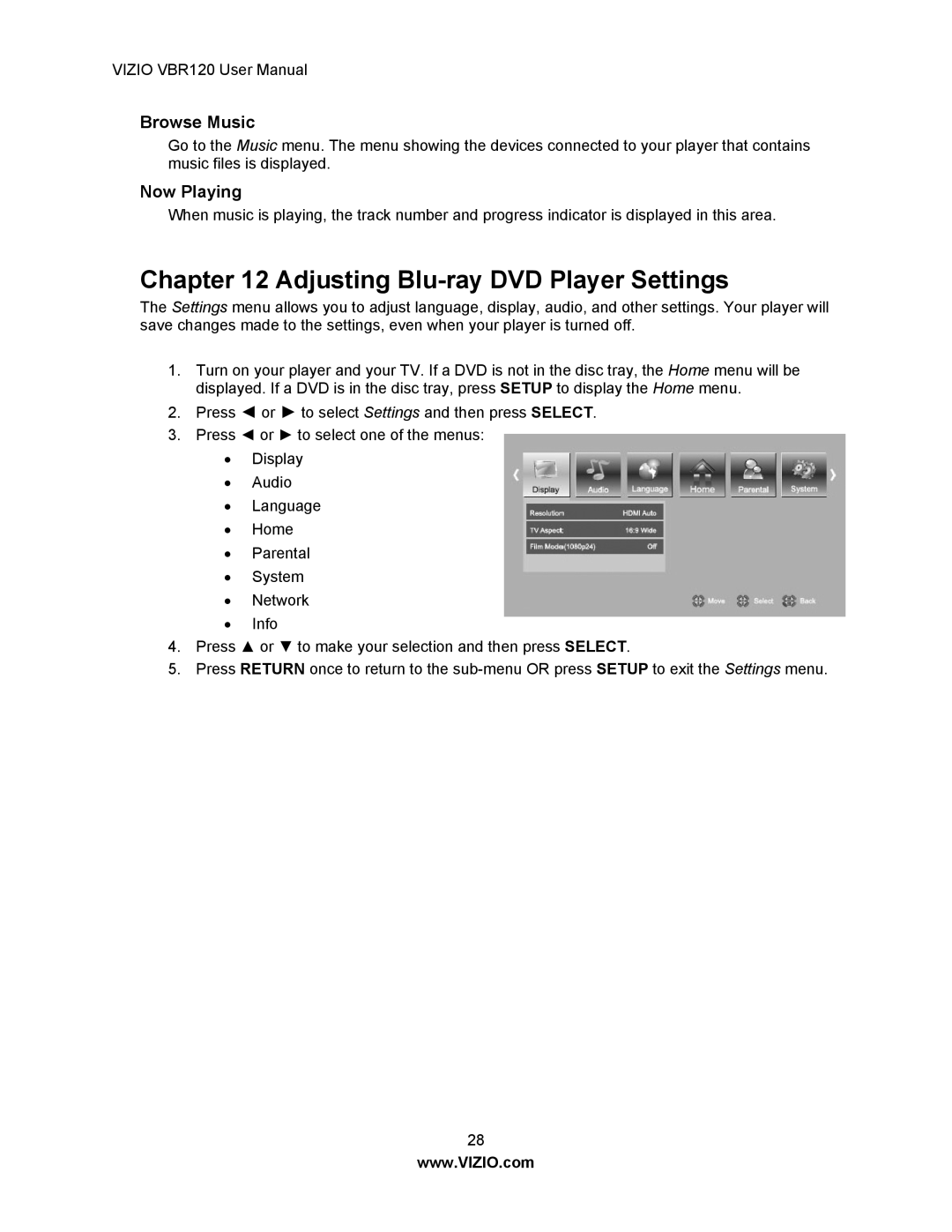 Vizio VBR 120 user manual Adjusting Blu-ray DVD Player Settings, Browse Music 