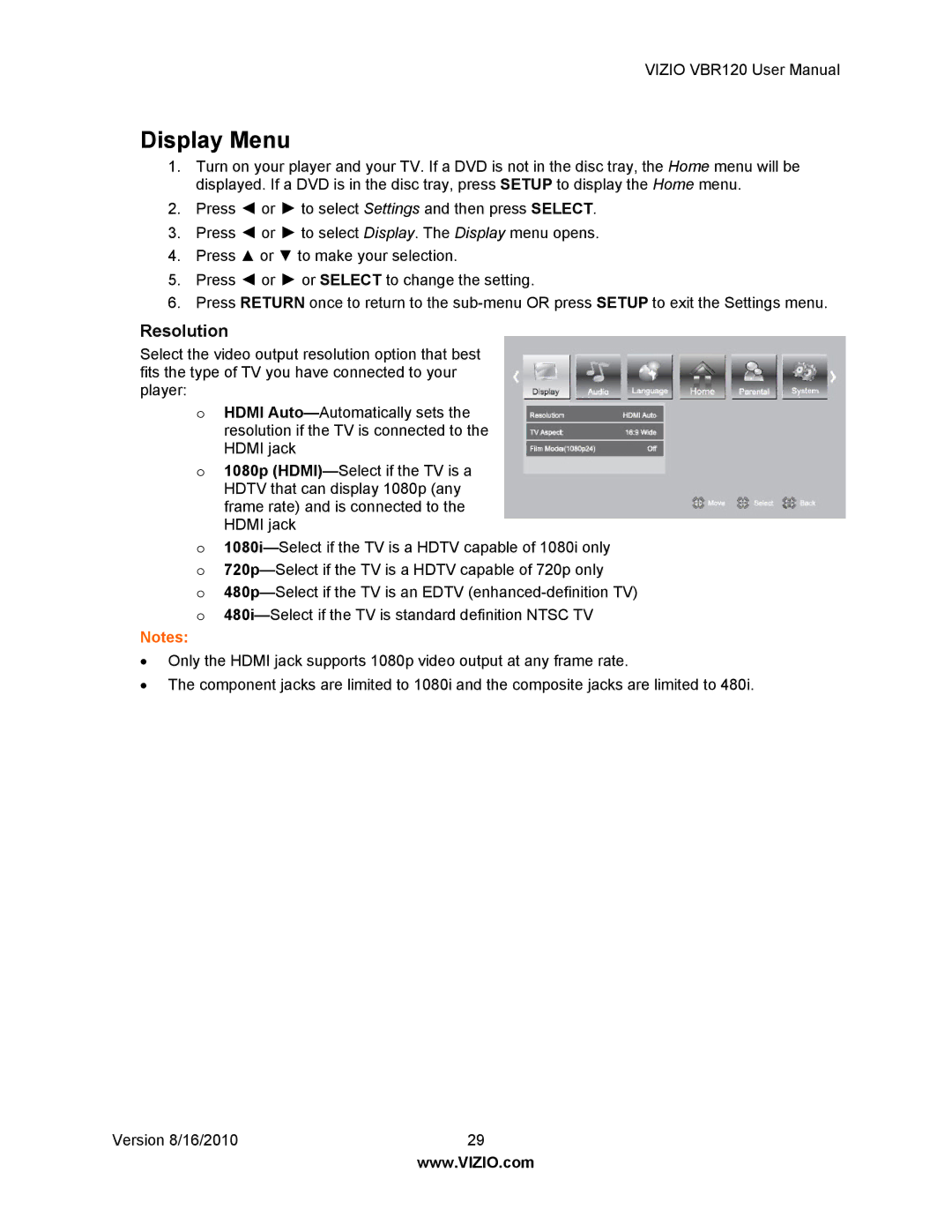 Vizio VBR 120 user manual Display Menu, Resolution 