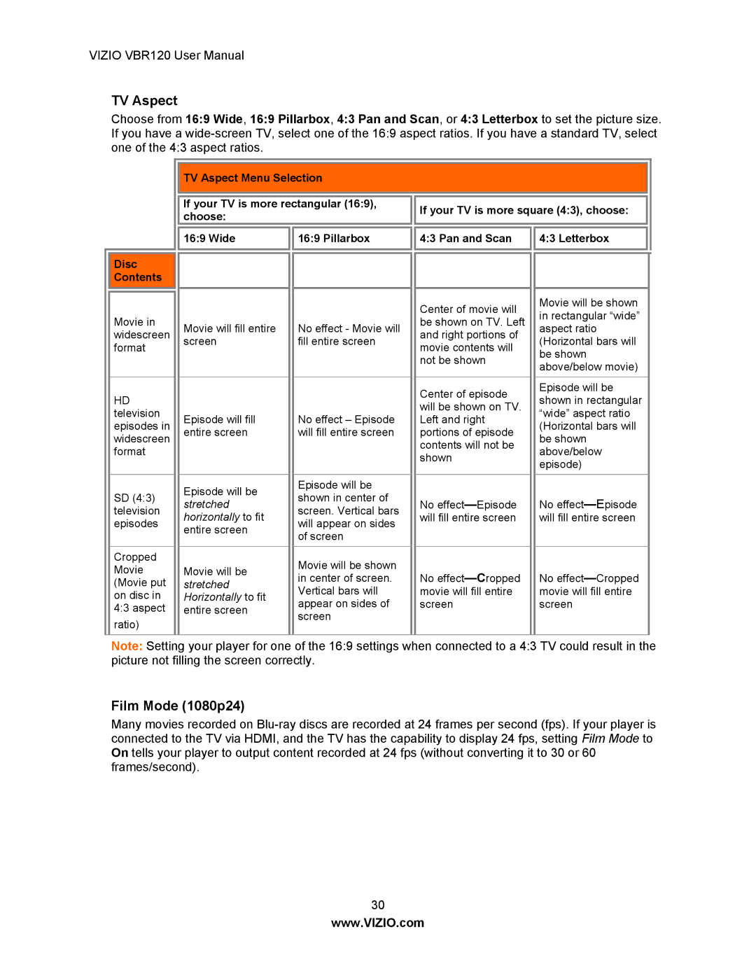 Vizio VBR 120 user manual TV Aspect, Film Mode 1080p24 