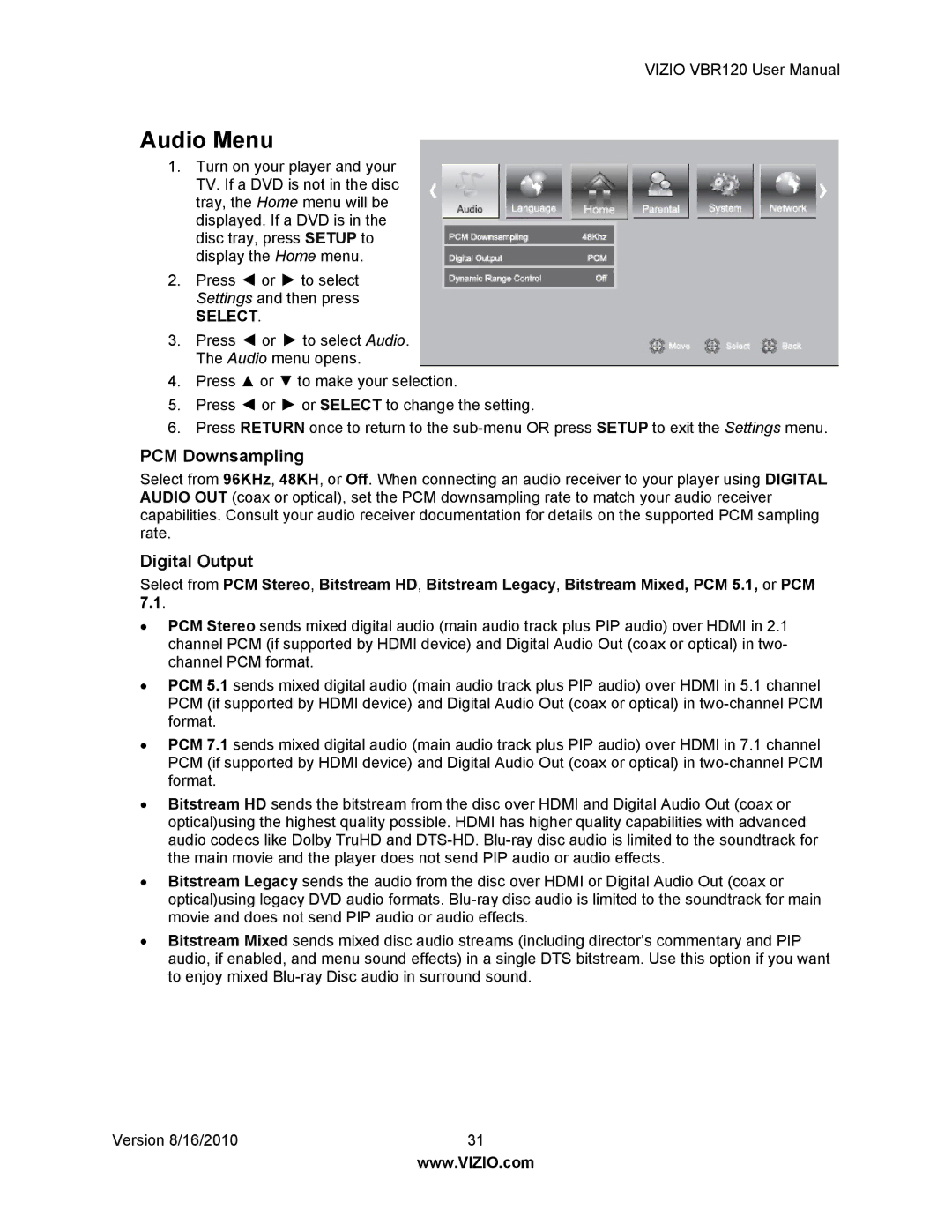 Vizio VBR 120 user manual Audio Menu, PCM Downsampling, Digital Output 