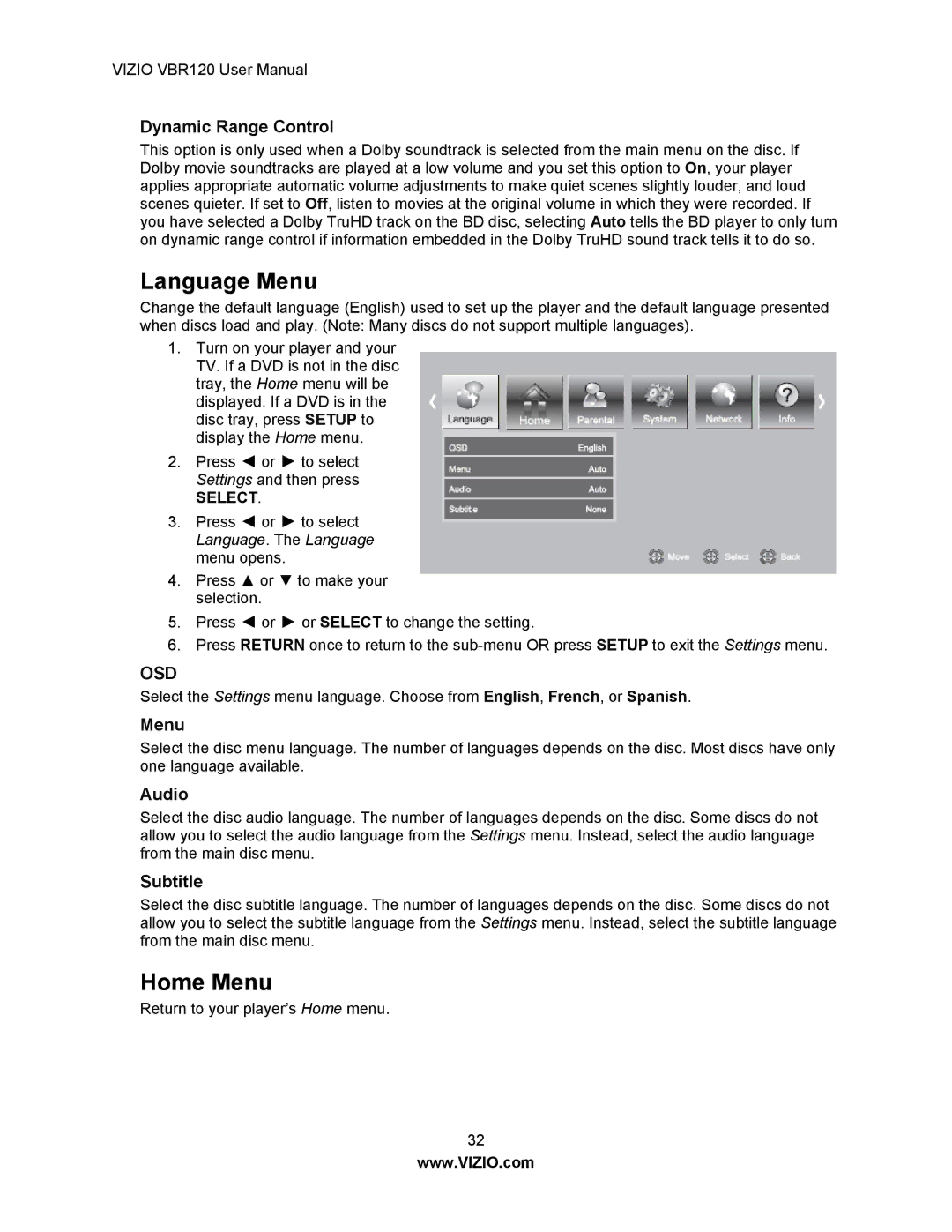 Vizio VBR 120 user manual Language Menu, Home Menu 