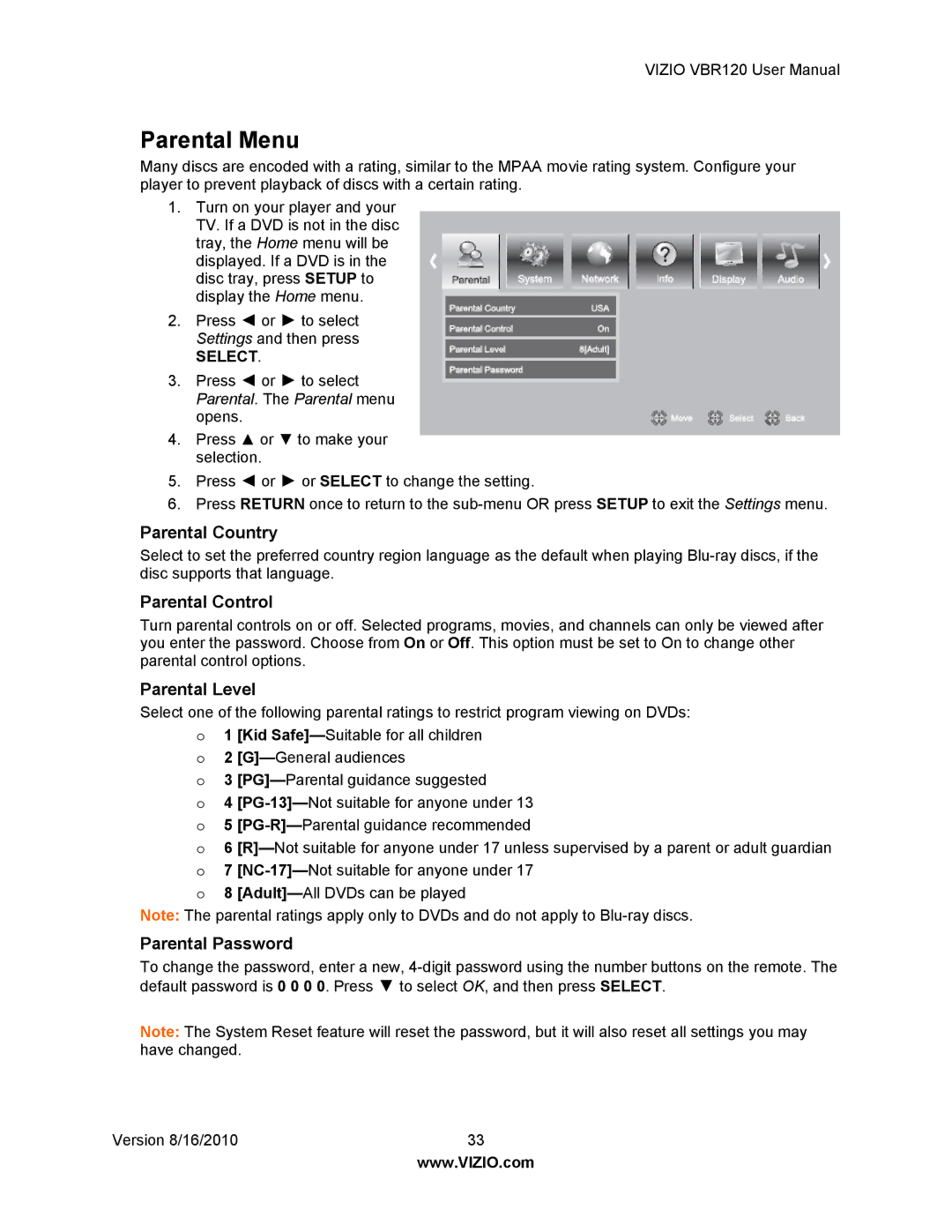 Vizio VBR 120 user manual Parental Menu, Parental Country, Parental Control, Parental Level, Parental Password 