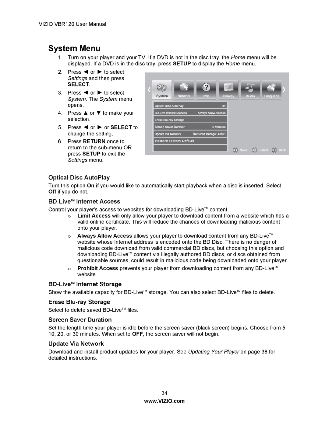 Vizio VBR 120 user manual System Menu 