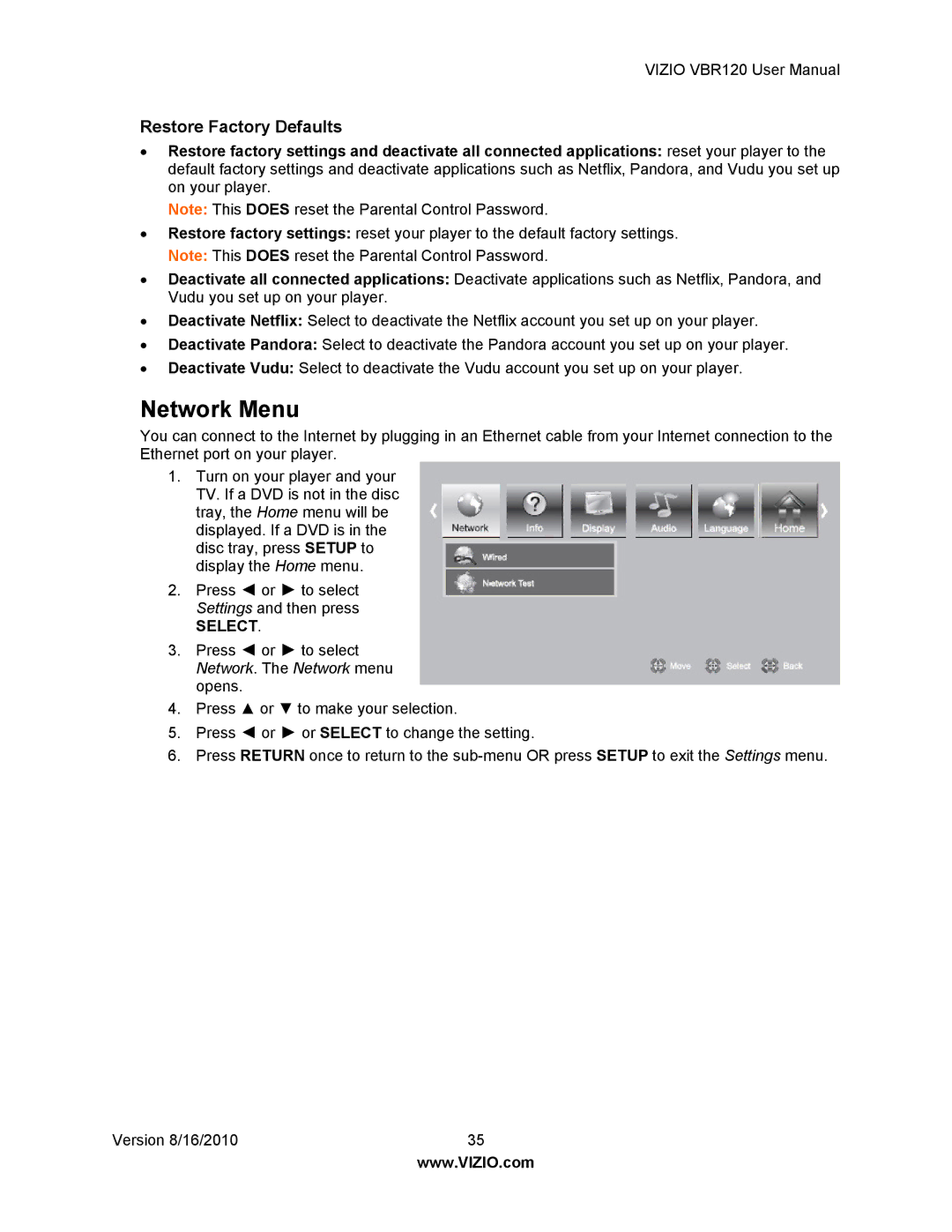 Vizio VBR 120 user manual Network Menu, Restore Factory Defaults 